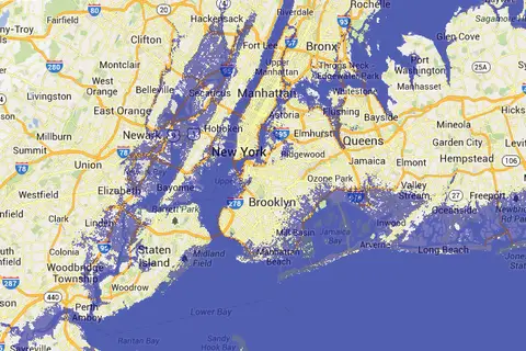 Map: New York if the sea was 5 metres higher.