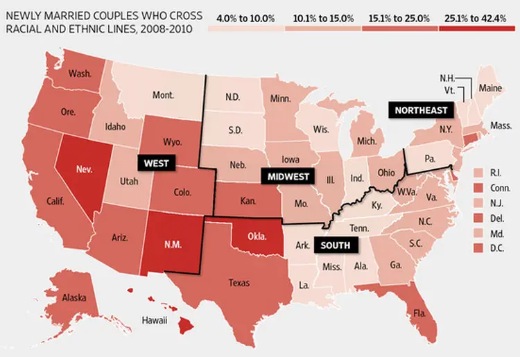 Map: Newly married couples who cross racial and ethnic lines, U.S.A., 2008-2010