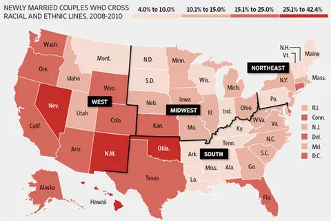 Map: Newly married couples who cross racial and ethnic lines, U.S.A., 2008-2010