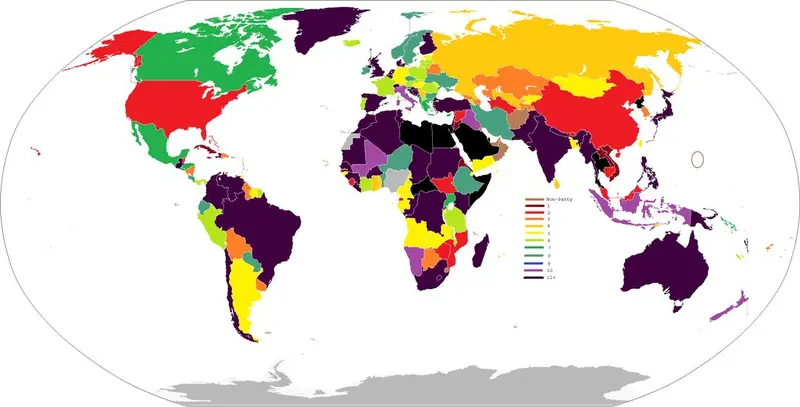 Map: Number of federally represented political parties by country