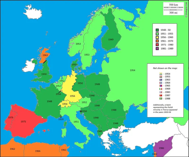 Map: Participants in the Peace Race (1948-1989), by date of debut