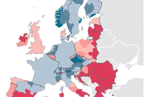 Map: Percentage of people at risk of poverty or social exclusion in Europe, 2013