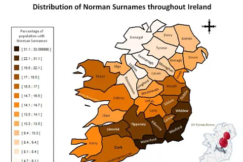 Map: Percentage of the population with Norman Surnames in Ireland