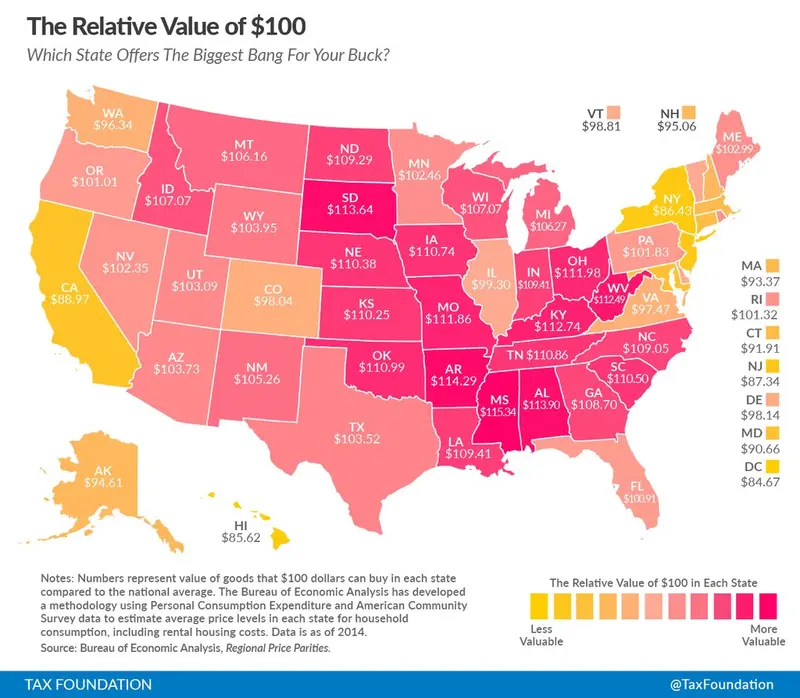Map: Relative value of $100 by U.S. state