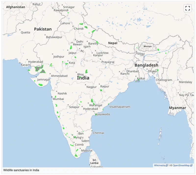 Map: Screenshot of Map List of Wildlife Sanctuaries of India
