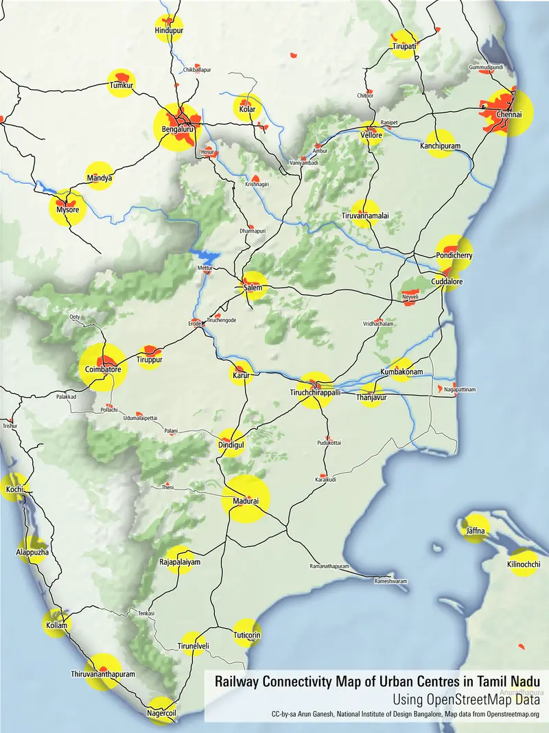 Map: Tamil Nadu Urban Areas and Railway Connectivity Map Openstreet Map