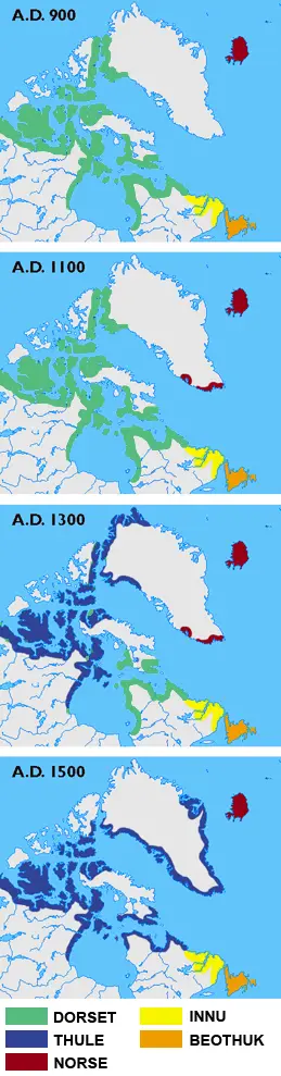 Map: The different cultures in Greenland, Iceland, Labrador, Newfoundland and the Canadian arctic islands in the years 900, 1100, 1300 and 1500