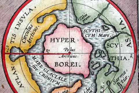 Map: The North Polar Inset Map Actual Size 7 Cm in Diameter Presents Mythical Lands Including a Central Continent of Hyperborea