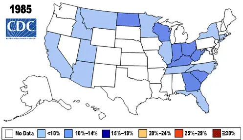 Map: The percentages of the U.S. population medically defined as obese (BMI of 30 or greater) from 1985 onward.