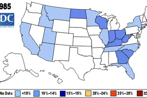 Map: The percentages of the U.S. population medically defined as obese (BMI of 30 or greater) from 1985 onward.
