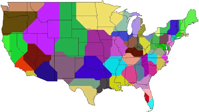 Map: The United States’ largest 53 metro areas Voronoi diagram – Taxicab geometry edition