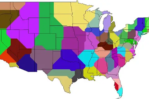 Map: The United States’ largest 53 metro areas Voronoi diagram – Taxicab geometry edition