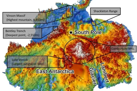 Map: Topographic map of Antarctica from bedrock elevation data