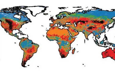 Map: Total abundance of species occurring in primary vegetation (areas above safe limit in blue)