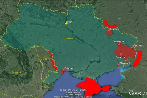 Map: Ukraine: Areas of rebellion by 15 April and major Russian military formations