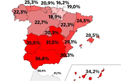 Map: Unemploment rates in Spain by autonomous community as of 2013-04-1