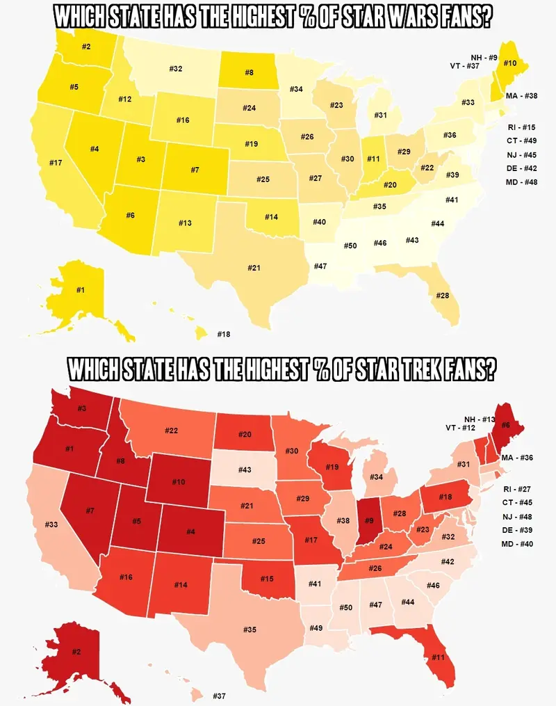 Map: US states ranked by # of Star Wars & Star Trek fans
