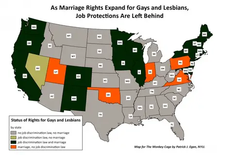 Map: US States where gays can marry and/or be legally fired for being gay