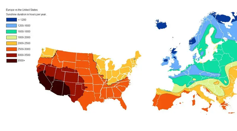 Map: US vs Europe Annual Hours of Sunshine