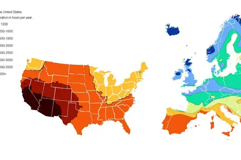 Map: US vs Europe Annual Hours of Sunshine