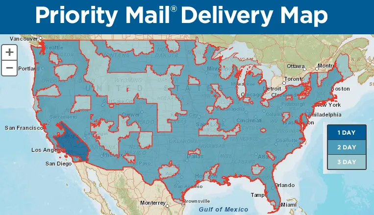 Map: USPS priority mailing time from Nashville
