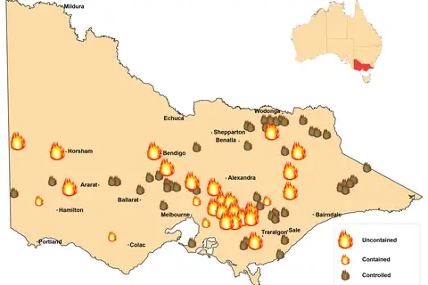 Map: Victoria Bushfires 9Am Feb 8 2009 Fire Locations Map