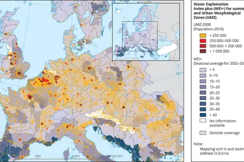 Map: Water Exploitation Index plus (WEI+) for summer and Urban Morphological Zones (UMZ) for Central Europe