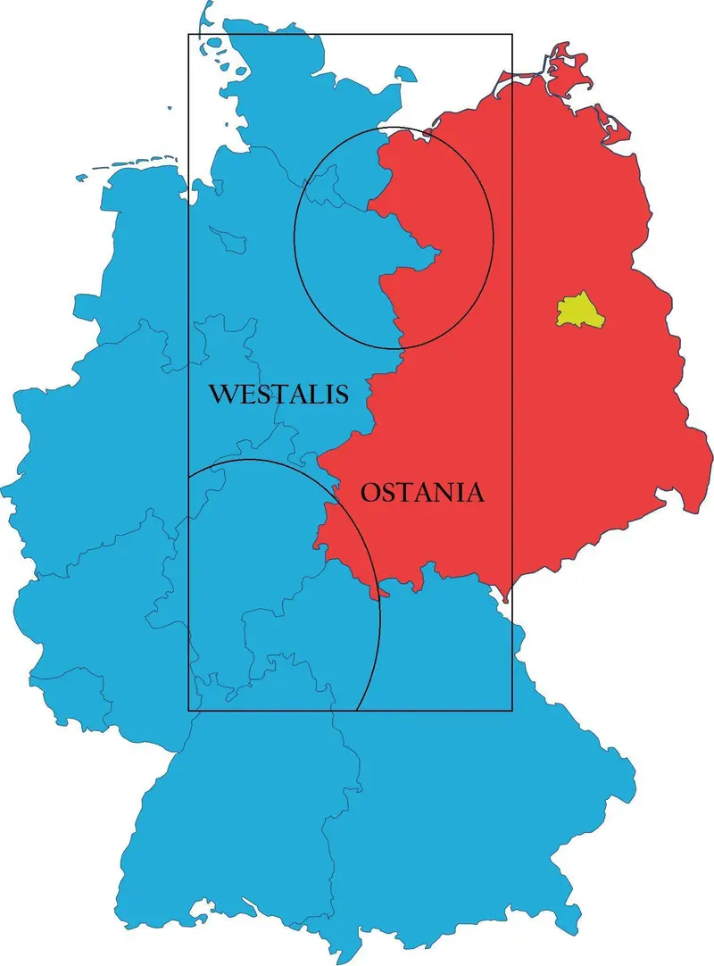 Map: Westalis and Ostania Map from Spy Family Overlaid on West and East Germany Map