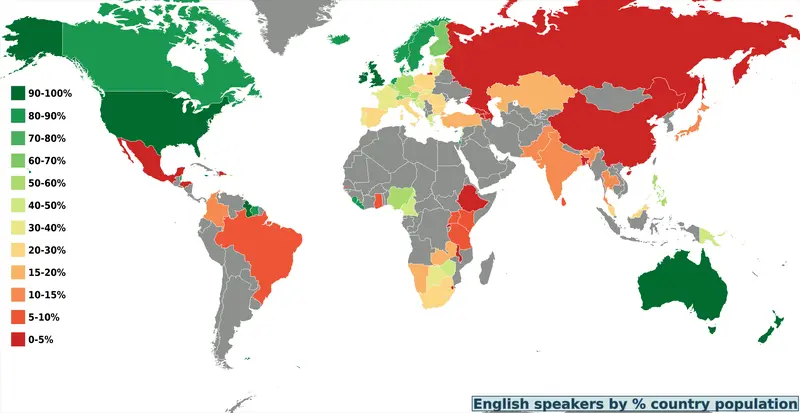 Map: World Map Percentage English Speakers by Country
