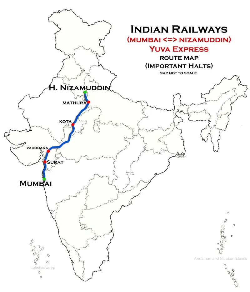 Map: Yuva Express Mumbai Bandra Nizamuddin Route Map
