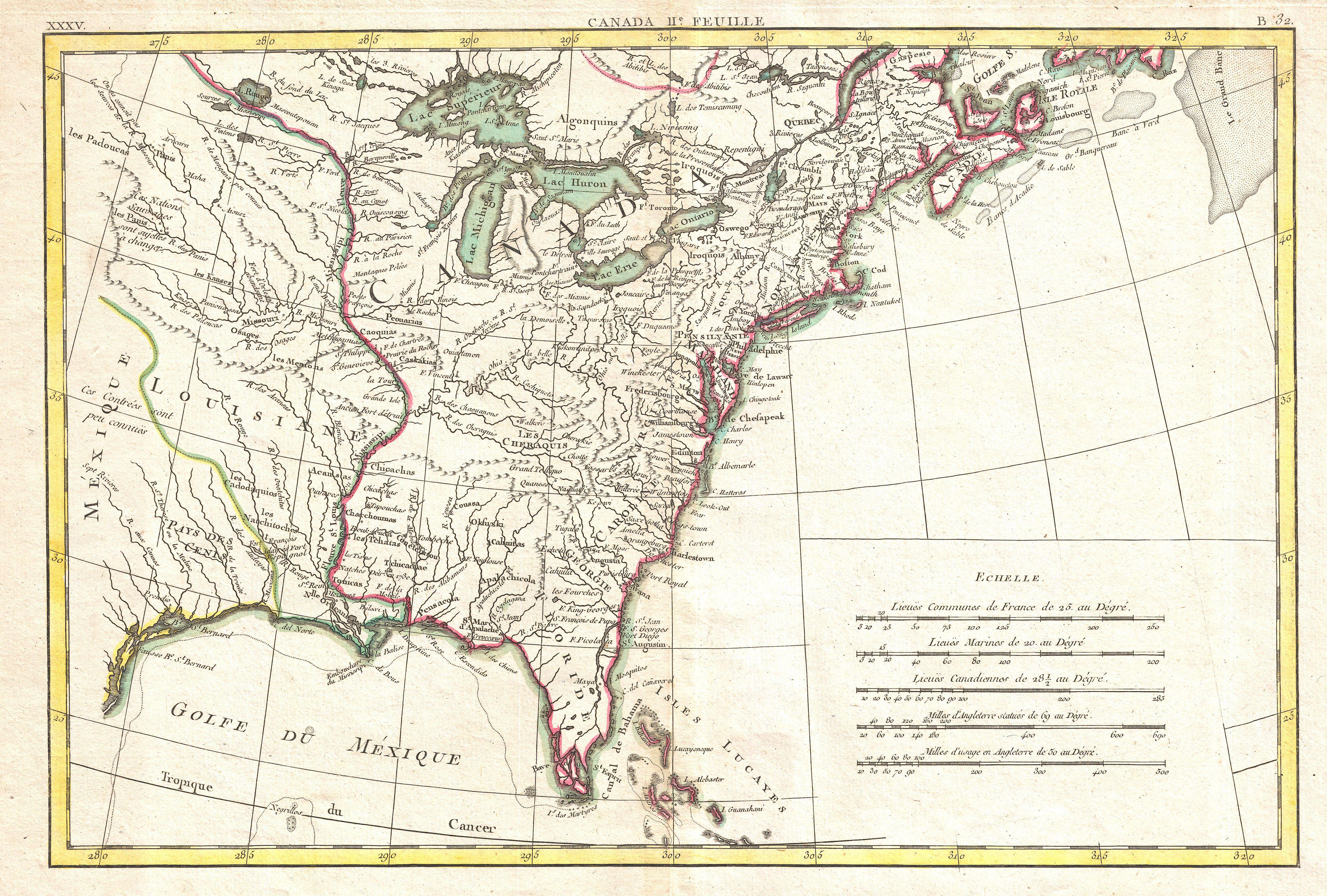 1776 Bonne Map Of Louisiana And The British Colonies In North America Geographicus Northamericaeastbonne1776 2 1776 Bonne Map Of Louisiana And The British Colonies In North America Geographicus Northamericaeastbonne1776
